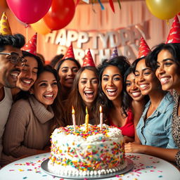 A joyful birthday celebration scene featuring a beautifully decorated birthday cake with colorful frosting, surrounded by festive balloons and confetti