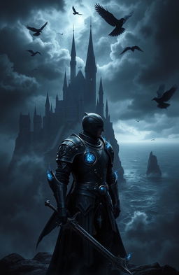 A mysterious and dark fantasy scene depicting a shadowy castle on a bleak cliff, surrounded by turbulent seas and a stormy night sky