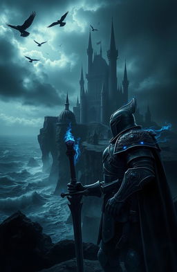 A mysterious and dark fantasy scene depicting a shadowy castle on a bleak cliff, surrounded by turbulent seas and a stormy night sky