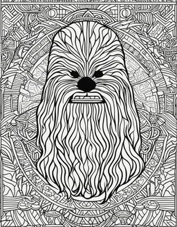 Star Wars-themed coloring page featuring Chewbacca in intricate geometric patterns surrounded by elements from the Star Wars universe