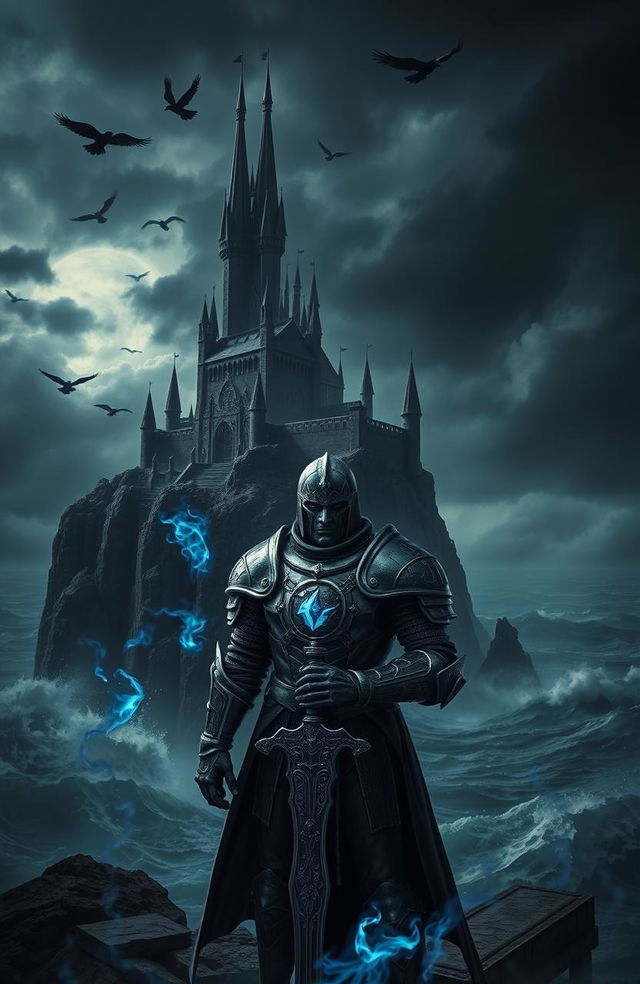 A mysterious and dark fantasy scene depicting a shadowy castle on a bleak cliff, surrounded by turbulent seas and a stormy night sky