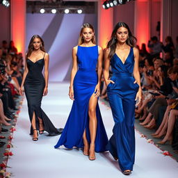 A group of beautiful fashion models showcasing the latest high-end clothing collection on a vibrant runway