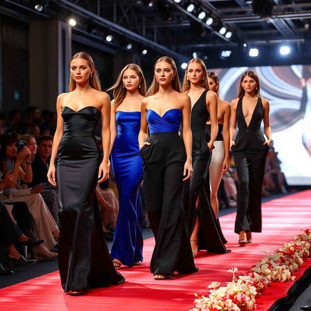 A group of beautiful fashion models showcasing the latest high-end clothing collection on a vibrant runway