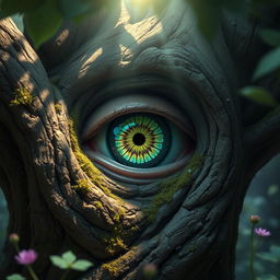 A close-up of a surreal eye with a beautifully patterned iris emerging from a gnarled, ancient tree trunk