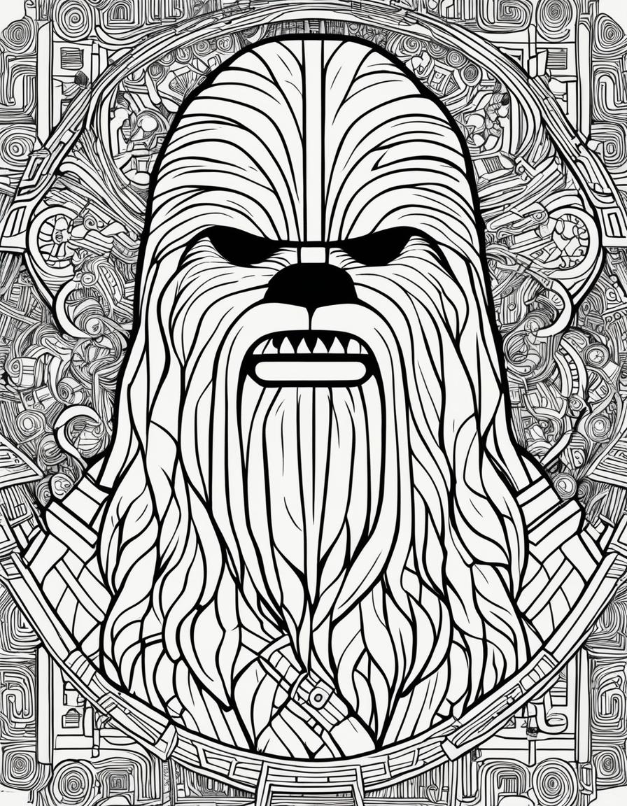 Star Wars-themed coloring page with bold outlines featuring Chewbacca in intricate geometric patterns surrounded by elements from the Star Wars universe