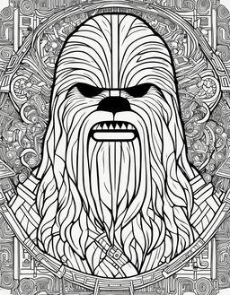 Star Wars-themed coloring page with bold outlines featuring Chewbacca in intricate geometric patterns surrounded by elements from the Star Wars universe