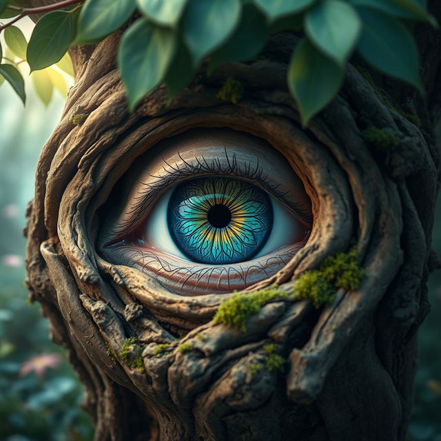 A close-up of a surreal eye with a beautifully patterned iris emerging from a gnarled, ancient tree trunk