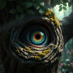 A close-up of a surreal eye with a beautifully patterned iris emerging from a gnarled, ancient tree trunk