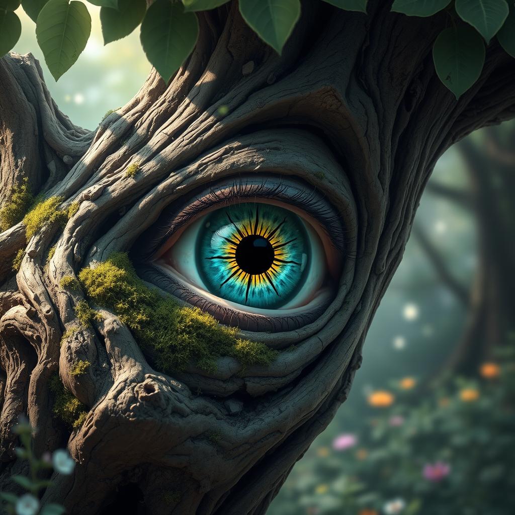 A close-up of a surreal eye with a beautifully patterned iris emerging from a gnarled, ancient tree trunk