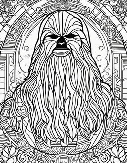 Star Wars-themed coloring page with bold outlines featuring Chewbacca in intricate geometric patterns surrounded by elements from the Star Wars universe