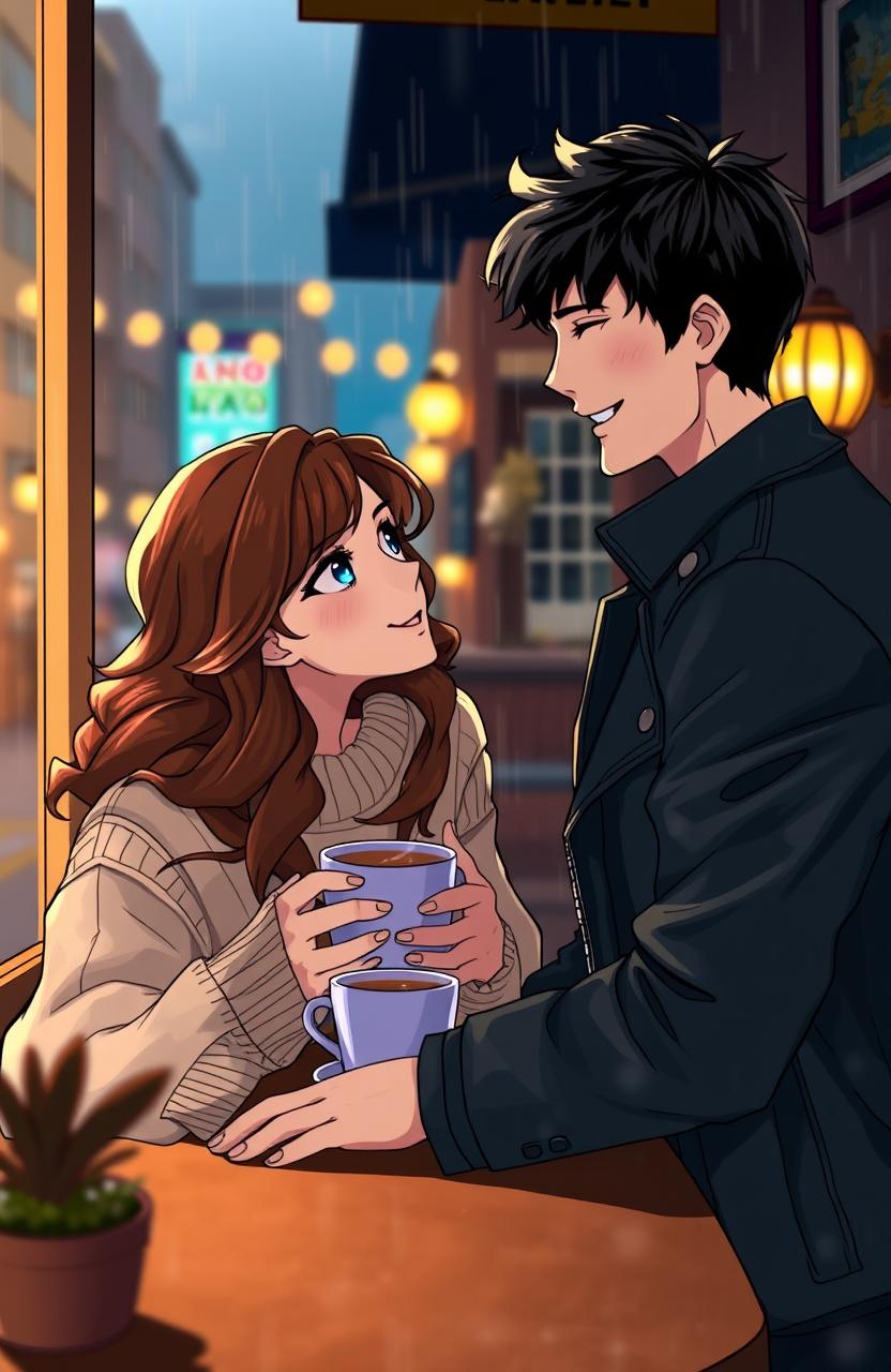 A romantic scene set in a quaint café during a rainy afternoon, featuring two characters in their mid-20s