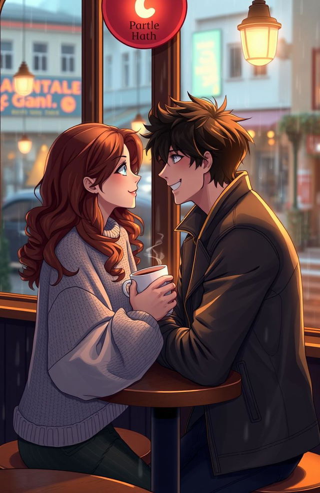 A romantic scene set in a quaint café during a rainy afternoon, featuring two characters in their mid-20s