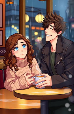 A romantic scene set in a quaint café during a rainy afternoon, featuring two characters in their mid-20s