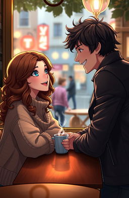 A romantic scene set in a quaint café during a rainy afternoon, featuring two characters in their mid-20s