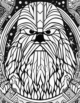 Star Wars-themed coloring page with bold outlines featuring Chewbacca in intricate geometric patterns surrounded by elements from the Star Wars universe