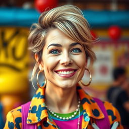A 35-year-old woman resembling Polly Pons, characterized by her playful and vibrant style