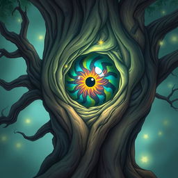 A captivating illustration of a mystical tree featuring a large, vibrant eye embedded in its trunk