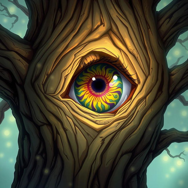 A captivating illustration of a mystical tree featuring a large, vibrant eye embedded in its trunk