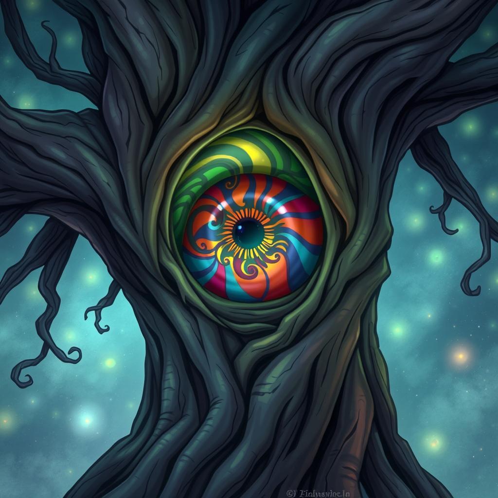 A captivating illustration of a mystical tree featuring a large, vibrant eye embedded in its trunk