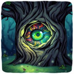 A captivating illustration of a mystical tree featuring a large, vibrant eye embedded in its trunk