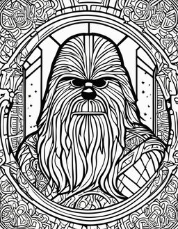 Star Wars-themed coloring page with bold outlines featuring Chewbacca in intricate geometric patterns surrounded by elements from the Star Wars universe