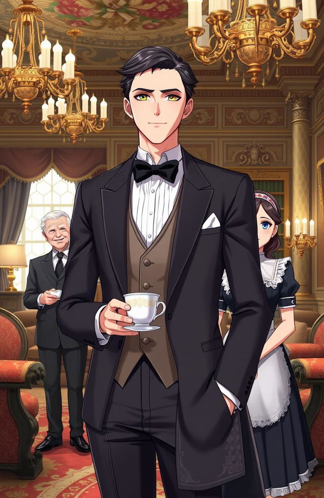 A handsome gentleman anime man in his mid 20s, elegantly dressed in a stylish suit, standing confidently in a luxurious British villa