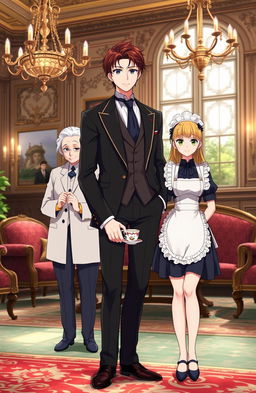 A handsome gentleman anime man in his mid 20s, elegantly dressed in a stylish suit, standing confidently in a luxurious British villa