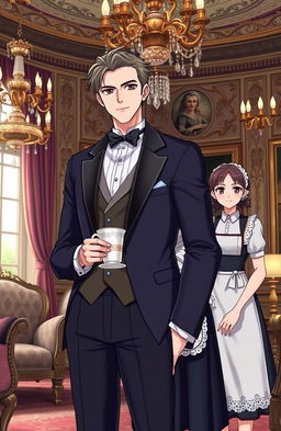 A handsome gentleman anime man in his mid 20s, elegantly dressed in a stylish suit, standing confidently in a luxurious British villa