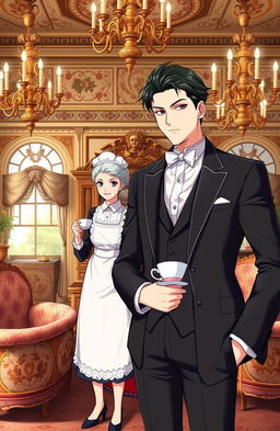 A handsome gentleman anime man in his mid 20s, elegantly dressed in a stylish suit, standing confidently in a luxurious British villa