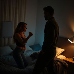 A dramatic scene in a dimly lit bedroom at night, featuring a tense confrontation between a man and a woman