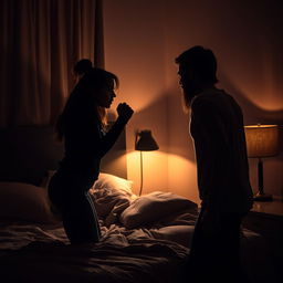 A dramatic scene in a dimly lit bedroom at night, featuring a tense confrontation between a man and a woman