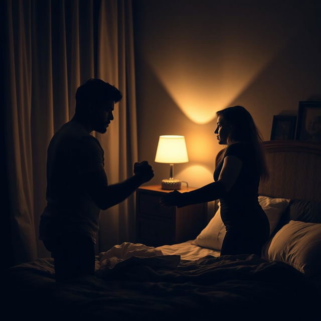 A dramatic scene in a dimly lit bedroom at night, featuring a tense confrontation between a man and a woman