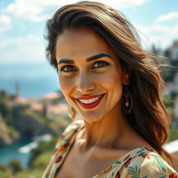 A 35-year-old woman with Mediterranean features, showcasing warm olive skin, dark hair, and expressive brown eyes