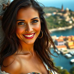 A 35-year-old woman with Mediterranean features, showcasing warm olive skin, dark hair, and expressive brown eyes