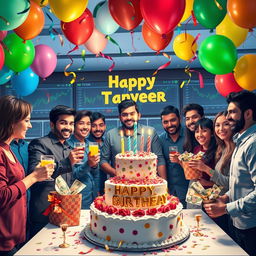 A vibrant and celebratory digital art scene portraying a birthday celebration for Tanveer, surrounded by colorful balloons, confetti, and a large birthday cake adorned with trading symbols and currency notes