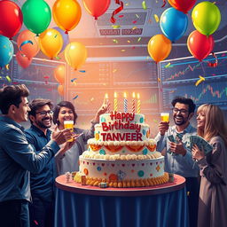 A vibrant and celebratory digital art scene portraying a birthday celebration for Tanveer, surrounded by colorful balloons, confetti, and a large birthday cake adorned with trading symbols and currency notes
