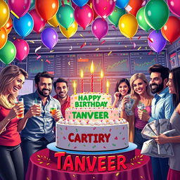 A vibrant and celebratory digital art scene portraying a birthday celebration for Tanveer, surrounded by colorful balloons, confetti, and a large birthday cake adorned with trading symbols and currency notes