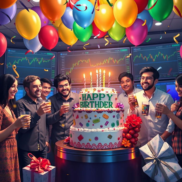 A vibrant and celebratory digital art scene portraying a birthday celebration for Tanveer, surrounded by colorful balloons, confetti, and a large birthday cake adorned with trading symbols and currency notes