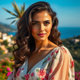 A 35-year-old woman with Mediterranean features, including warm olive skin, dark wavy hair, and bright hazel eyes