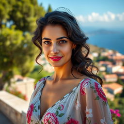 A 35-year-old woman with Mediterranean features, including warm olive skin, dark wavy hair, and bright hazel eyes