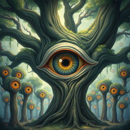 A fantastical illustration of a majestic tree featuring a large eye that opens horizontally, showcasing an intricate iris with a wild, vibrant pattern