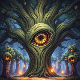 A fantastical illustration of a majestic tree featuring a large eye that opens horizontally, showcasing an intricate iris with a wild, vibrant pattern
