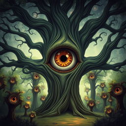 A fantastical illustration of a majestic tree featuring a large eye that opens horizontally, showcasing an intricate iris with a wild, vibrant pattern