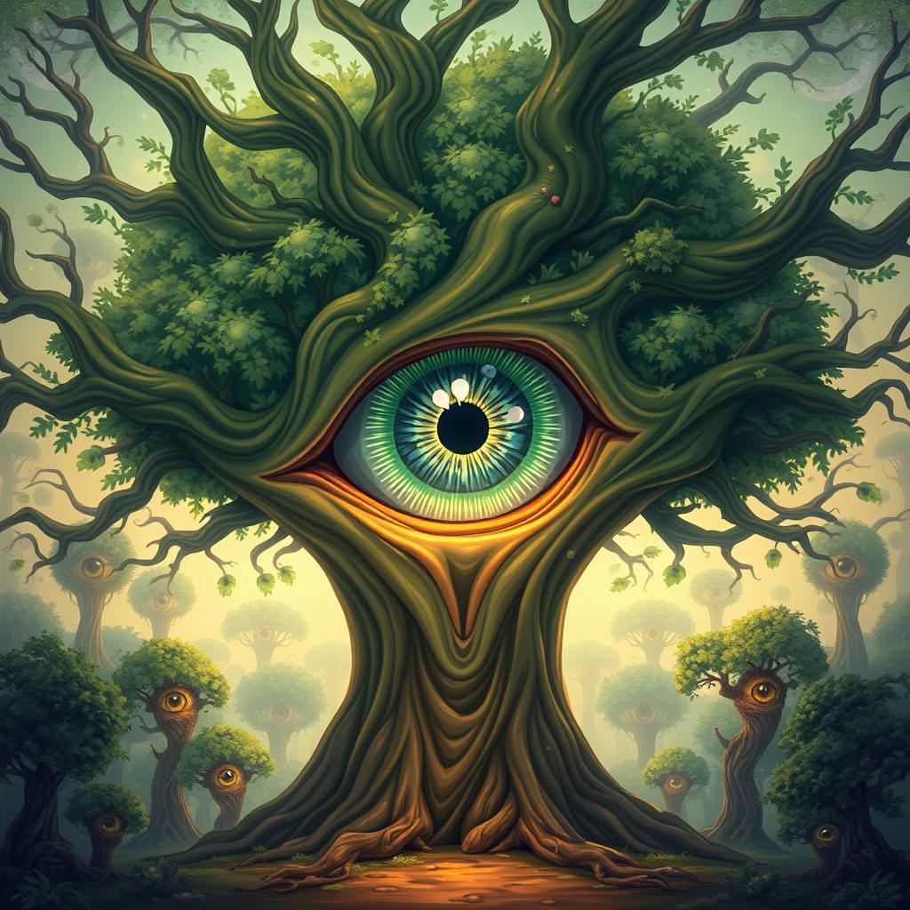 A fantastical illustration of a majestic tree featuring a large eye that opens horizontally, showcasing an intricate iris with a wild, vibrant pattern