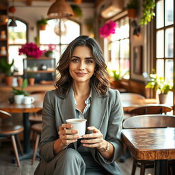 A 35-year-old woman with Mediterranean features, including warm olive skin, dark wavy hair, and bright hazel eyes, sitting in a cozy café