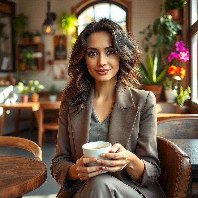 A 35-year-old woman with Mediterranean features, including warm olive skin, dark wavy hair, and bright hazel eyes, sitting in a cozy café