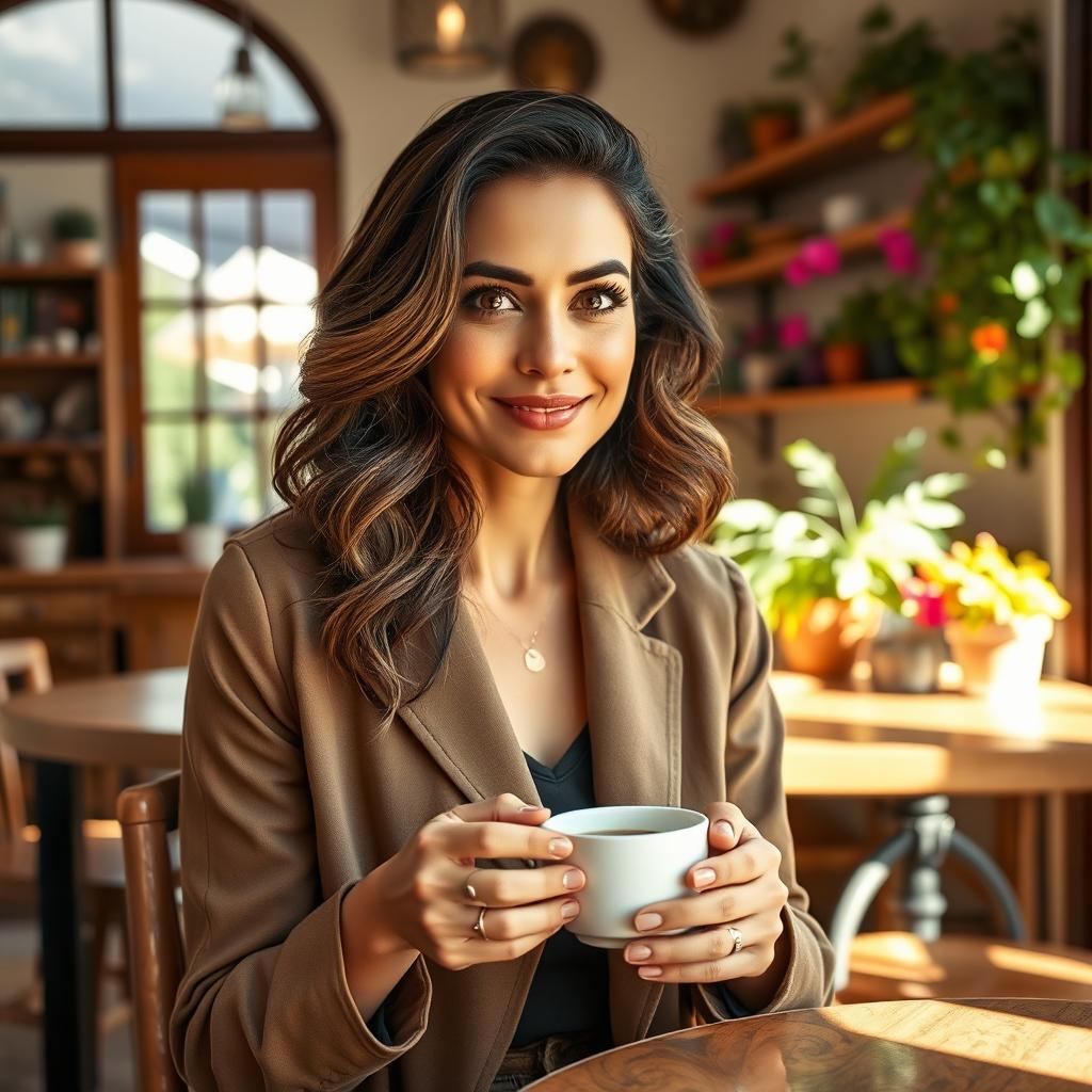 A 35-year-old woman with Mediterranean features, including warm olive skin, dark wavy hair, and bright hazel eyes, sitting in a cozy café