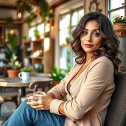 A 35-year-old woman with Mediterranean features, including warm olive skin, dark wavy hair, and bright hazel eyes, sitting in a cozy café