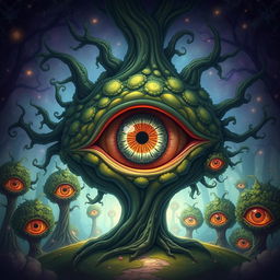 A mesmerizing illustration of a fantastical tree featuring a large eye that opens vertically, revealing an intricate iris adorned with a wild and vibrant pattern