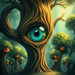 A mesmerizing illustration of a fantastical tree featuring a large eye that opens vertically, revealing an intricate iris adorned with a wild and vibrant pattern